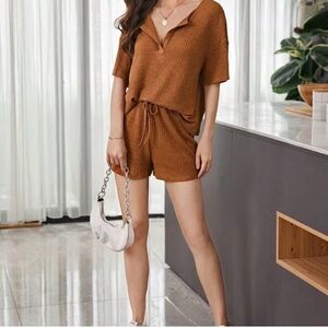 Brown Waffle Knit Two-Piece Set